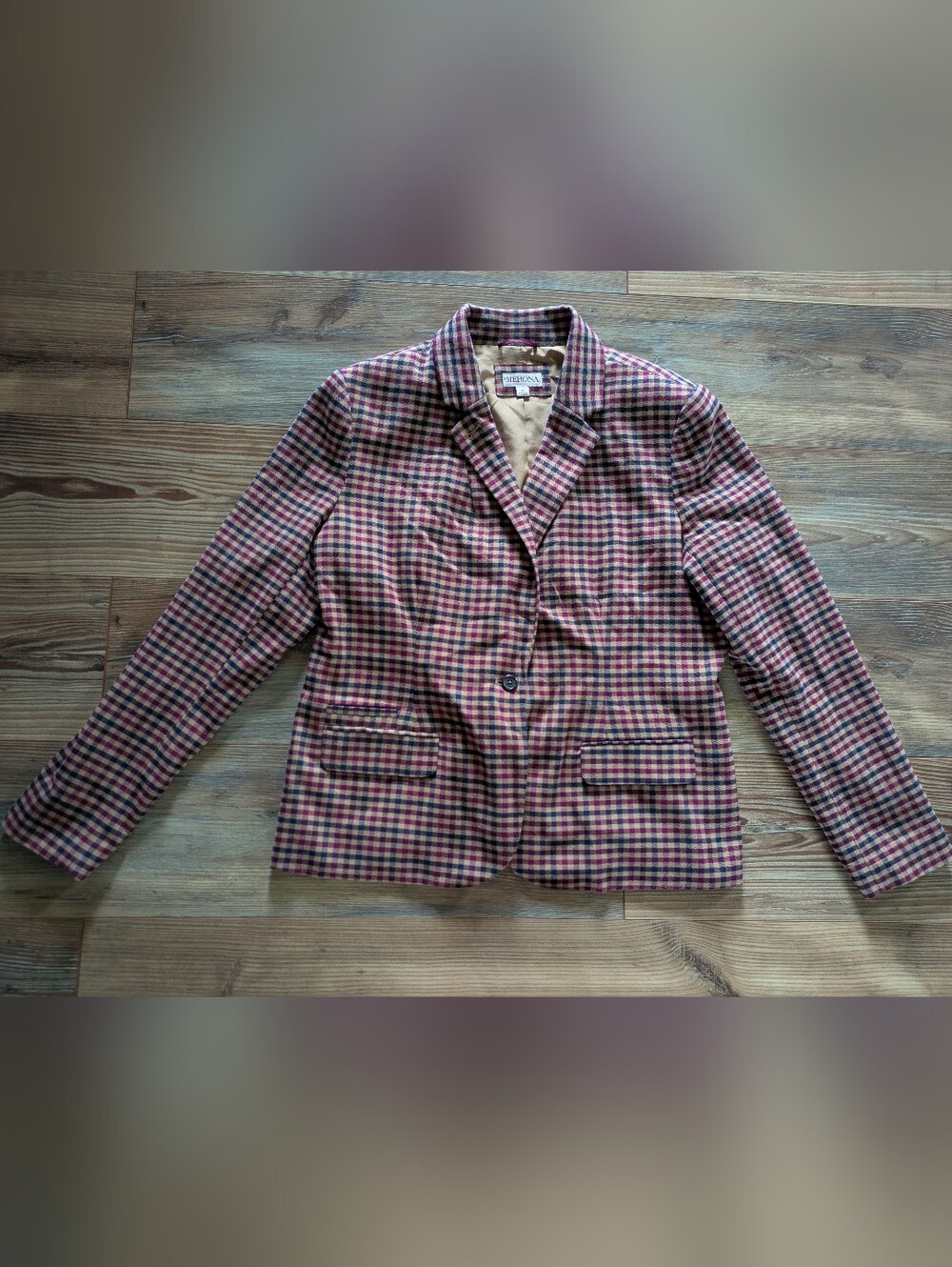 Merona Fuchsia Blue & Golden Tan Plaid Super Soft Wool Blend Blazer Suit Jacket